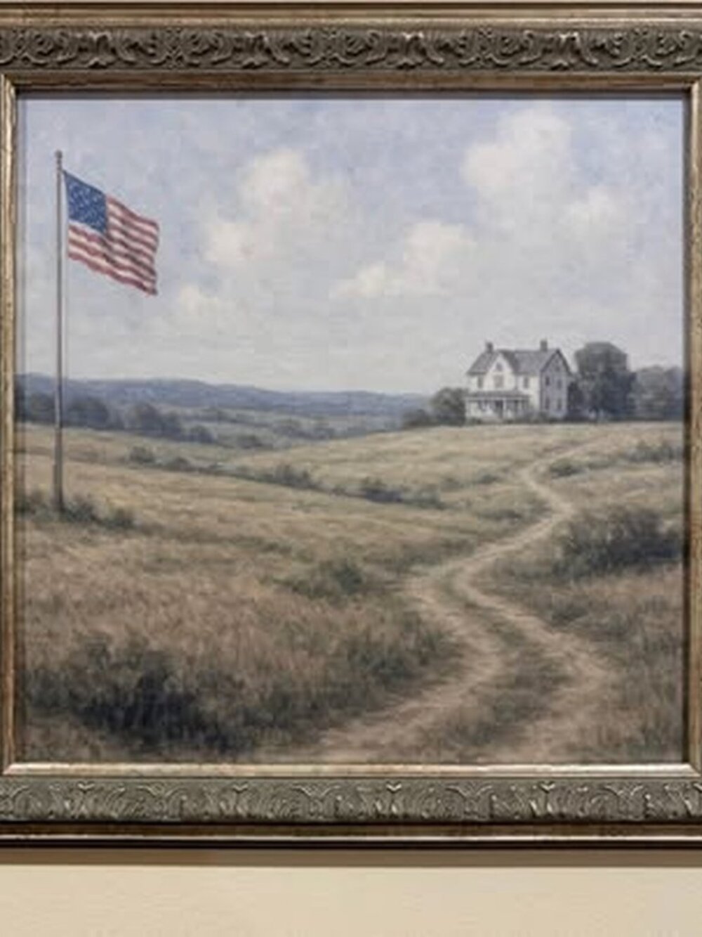 Framed American Flag and Farmhouse Landscape Art Print